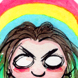 A doodle of Jen's face peeking up with the pansexual colours behind her